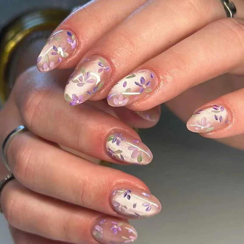 24Pcs Peach Blossom Press on Nails Cat's Eye Nude Glitter False Nail