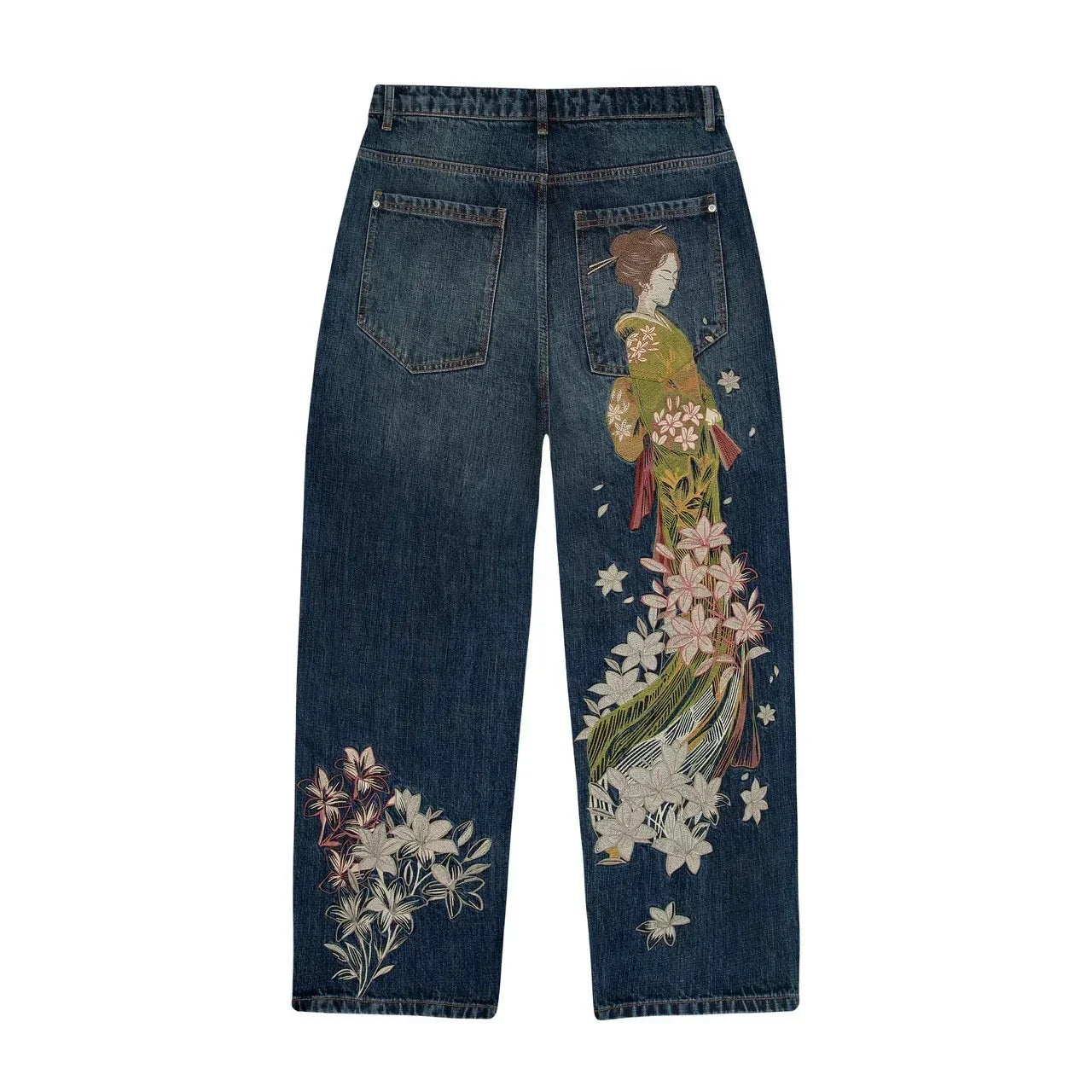 Harajuku Flower Embroidery Baggy washed jeans Y2K Vintage 2000s streetwear American Gothic Pants wide leg pants