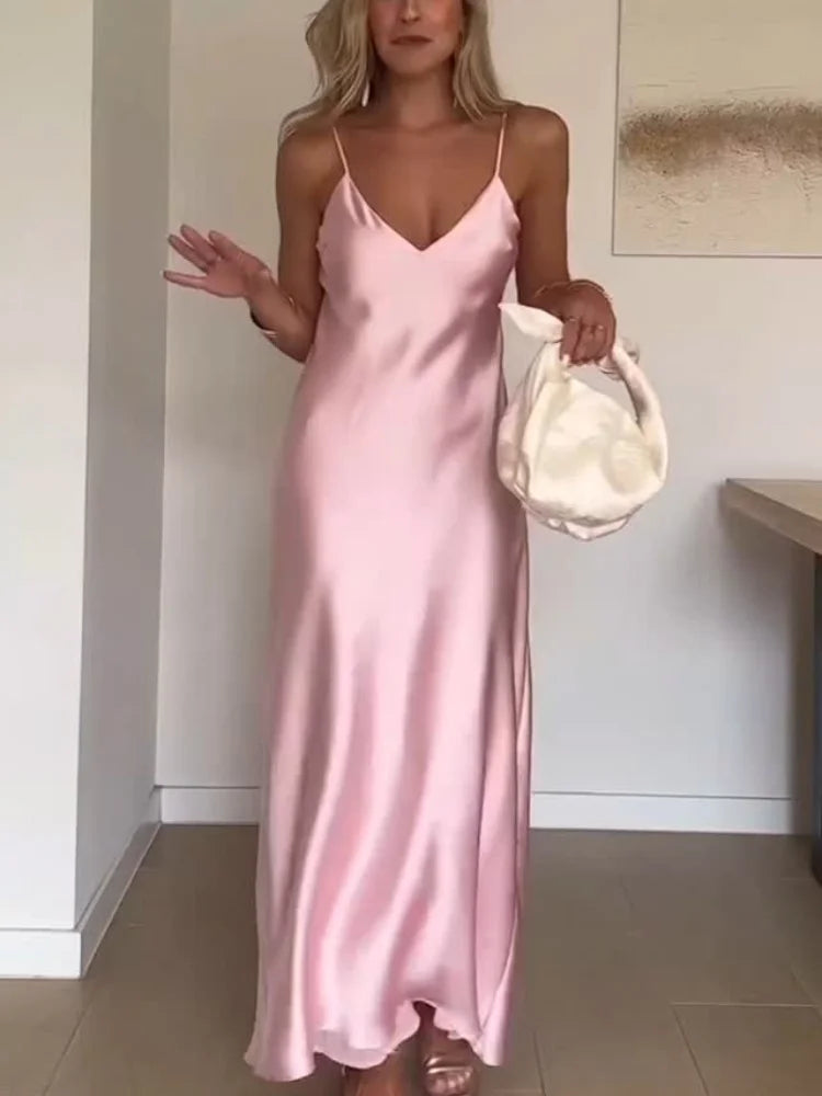 Off Shoulder Pink Satin Maxi Dresses Sleeveless Backless Bodycon Hollow Out Gowns Evening Party Robes