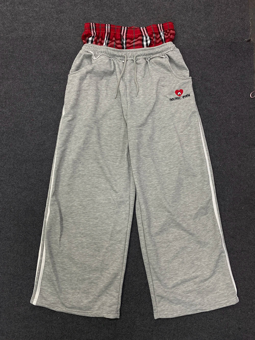 American Retro College Style Loose Fit Two-Piece Set with Double Waist Head Fake Bathroom Pants