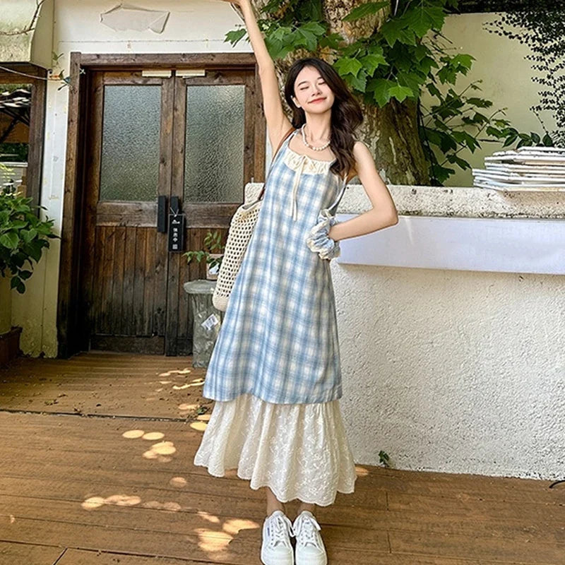 Plaid Fake Two Piece Suspender Dress Retro Loose Long Dress