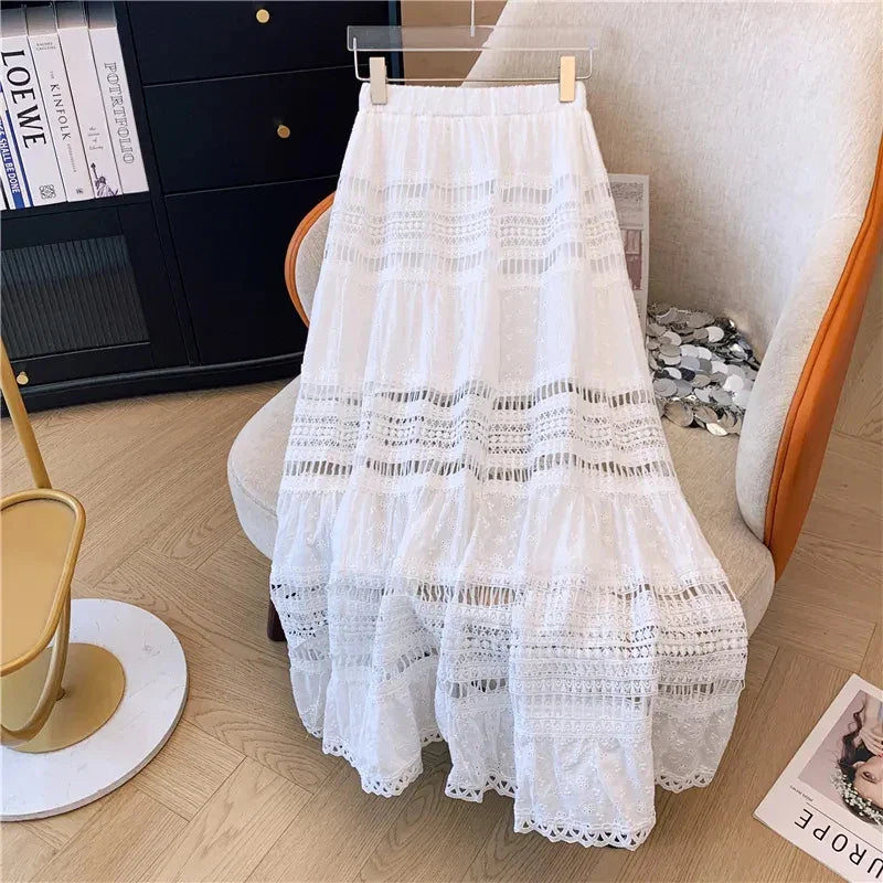Embroidery Eyelet Cut-out Maxi Skirt White Cotton Semi Sheer Flowy Long Skirt Boho Vacation Fairycore Outfit