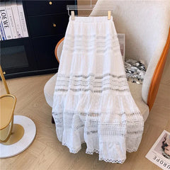 Embroidery Eyelet Cut-out Maxi Skirt White Cotton Semi Sheer Flowy Long Skirt Boho Vacation Fairycore Outfit