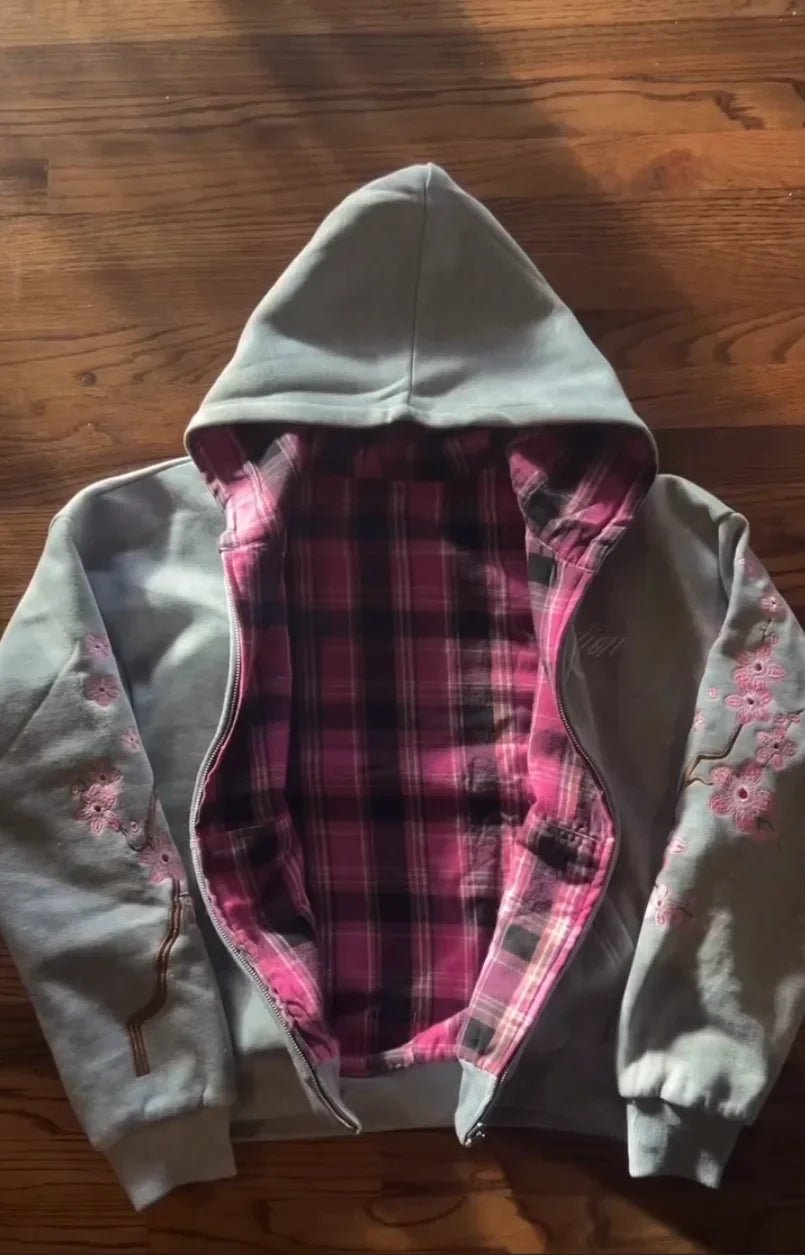 Y2K Vintage Cherry Blossom Embroidery Zipper Hoodie Harajuku Loose Reversible Simple Grid Jacket Pink Coat Streetwear
