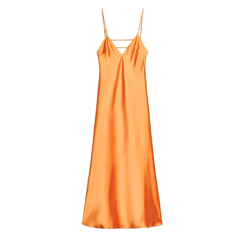 Yellow Elegant Stain Sling Dress Backless Sleeveless V Neck High Waist Evening Gown Chic Lady Partywear