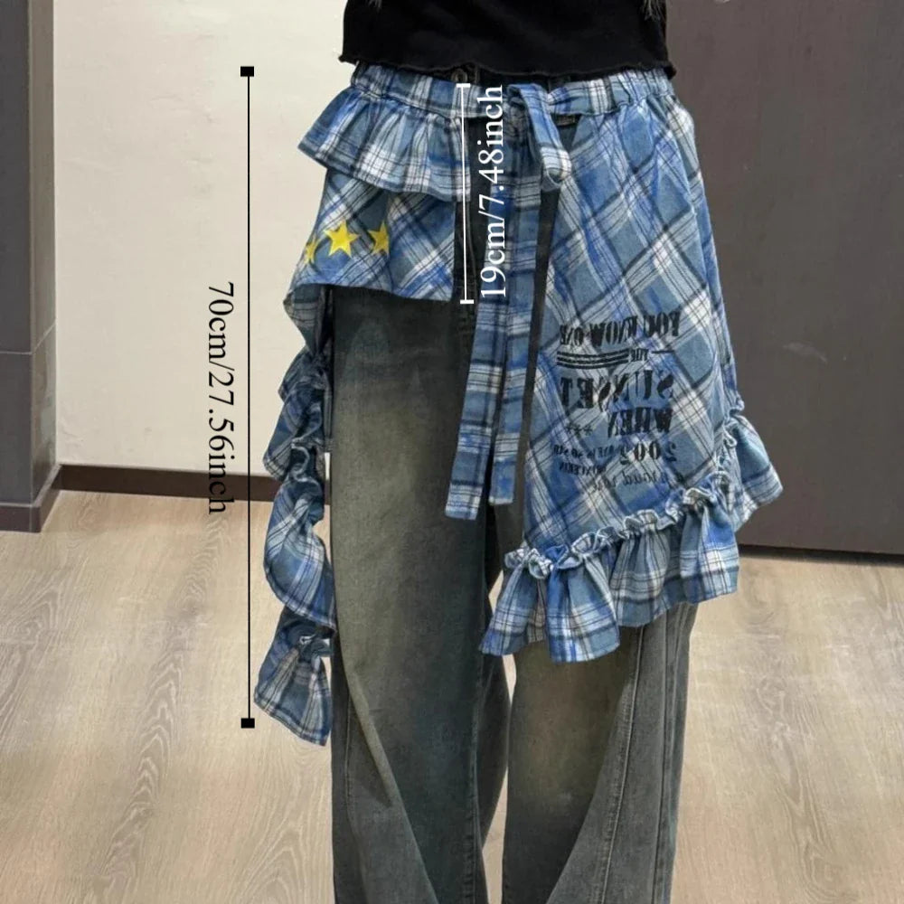 Star Layer Outfits Plaid Skirt Hip-hop Shirt Extender Lace Up Hip Scarf Y2K Korean Style Ruffled Edge Waistband