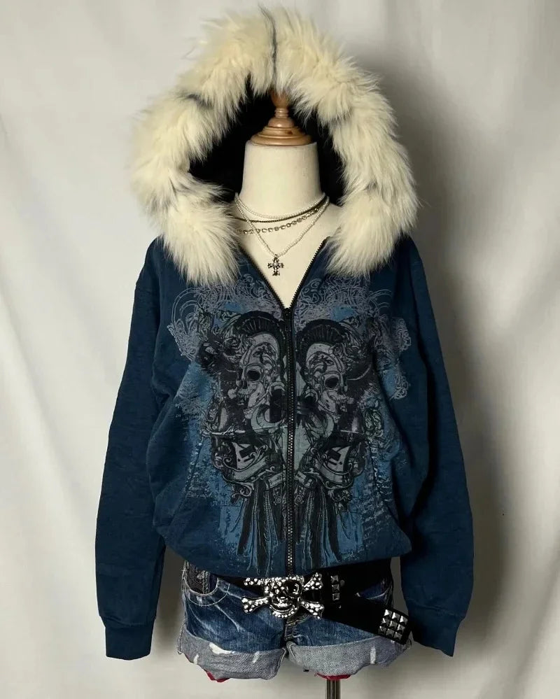 American Skull Print Hoodie Y2K Vintage Rock Hip Hop Gothic Casual Joker Plus Velvet Padded Sweater