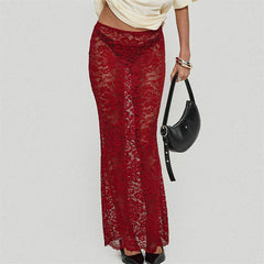 Sheer Lace Floral Long Skirt See-Through Low Rise Wrap Bodycon Skirts