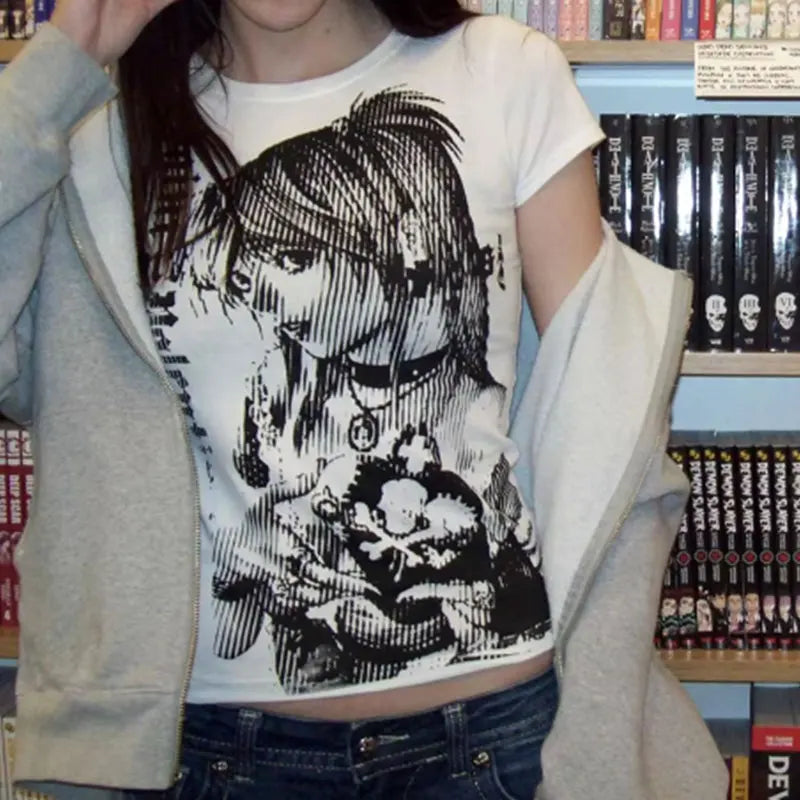 Y2k anime Streetwear O-neck 90s Text Printing Tops Harajuku Clothes Simple Vintage Crop Tee emo Casual T-shirt