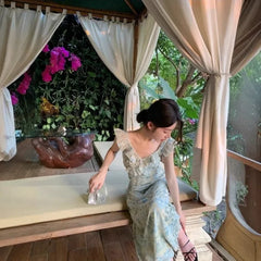 Mint Wave Style Floral Print Dress Tea Break Small Fly Sleeve Long Skirt French Style Slimming Elegant Gown
