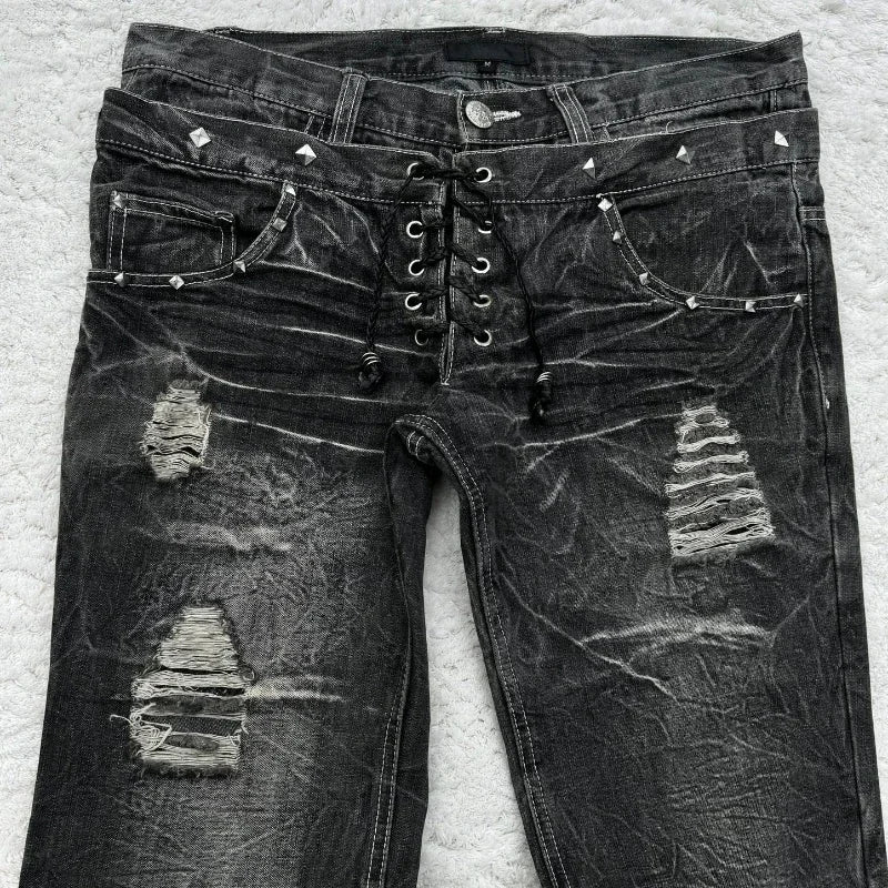 Y2K Retro jeans damaged washed holes Gothic style jeans trend double waisted Add nails long flared pants