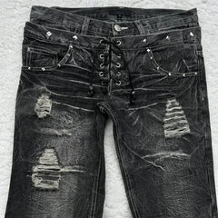Y2K Retro jeans damaged washed holes Gothic style jeans trend double waisted Add nails long flared pants