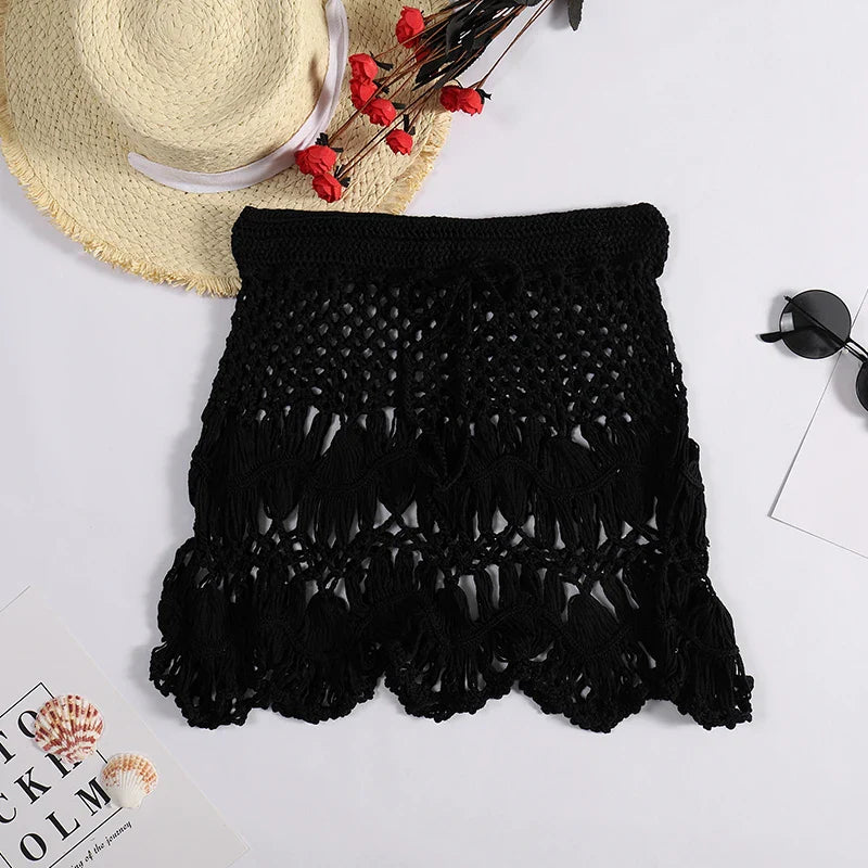 Handmade Crochet Hollow Out Swimwear Cover Up Solid Color Drawstring Short Skirt Holiday Knitting Sweet Beachwear