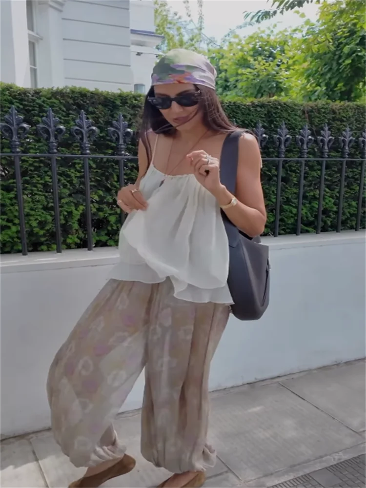Ruffles Tie Up Pant Suit V-neck Backless Sleeveless Top High Wasit Wide Leg Pants Outfits Lady Beach Wears