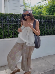 Ruffles Tie Up Pant Suit V-neck Backless Sleeveless Top High Wasit Wide Leg Pants Outfits Lady Beach Wears