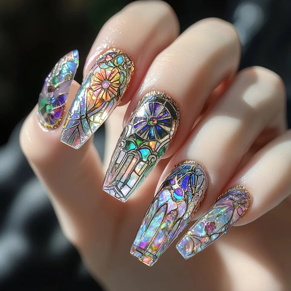 24pcs/set Medium long fake nails Swan fish flowers