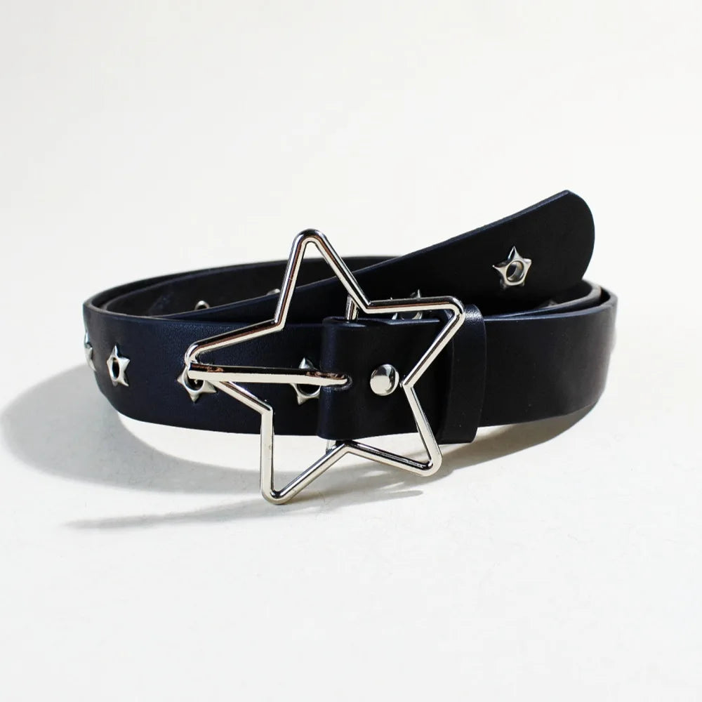 Y2K Punk Star Eyelet Black Rivet Belt Goth Pu Leather Belts