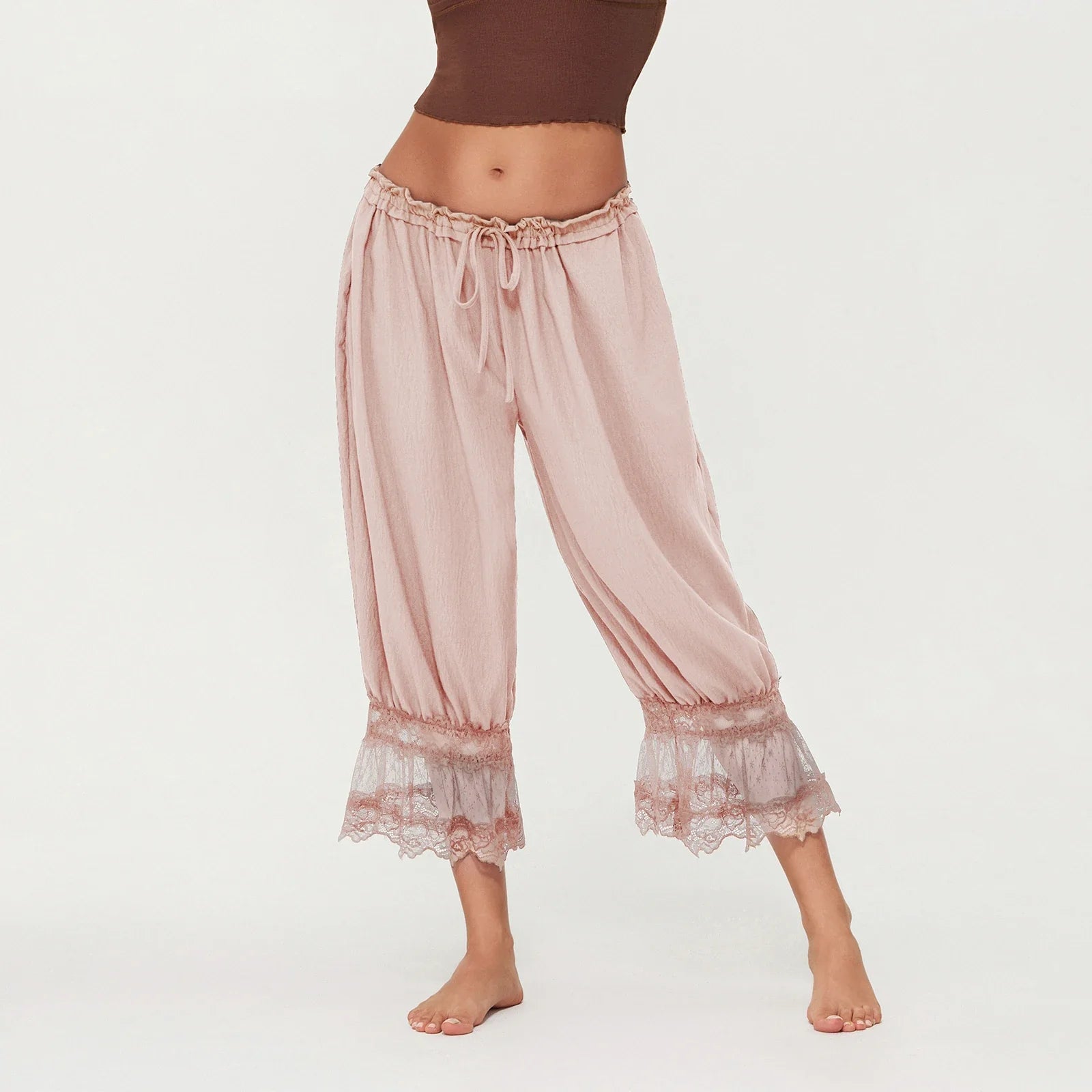 Combhasaki Y2K Loose Fit Bloomers Cropped Pants Drawstring High Waist Floral Lace Patchwork Calf-Length Lantern Trousers