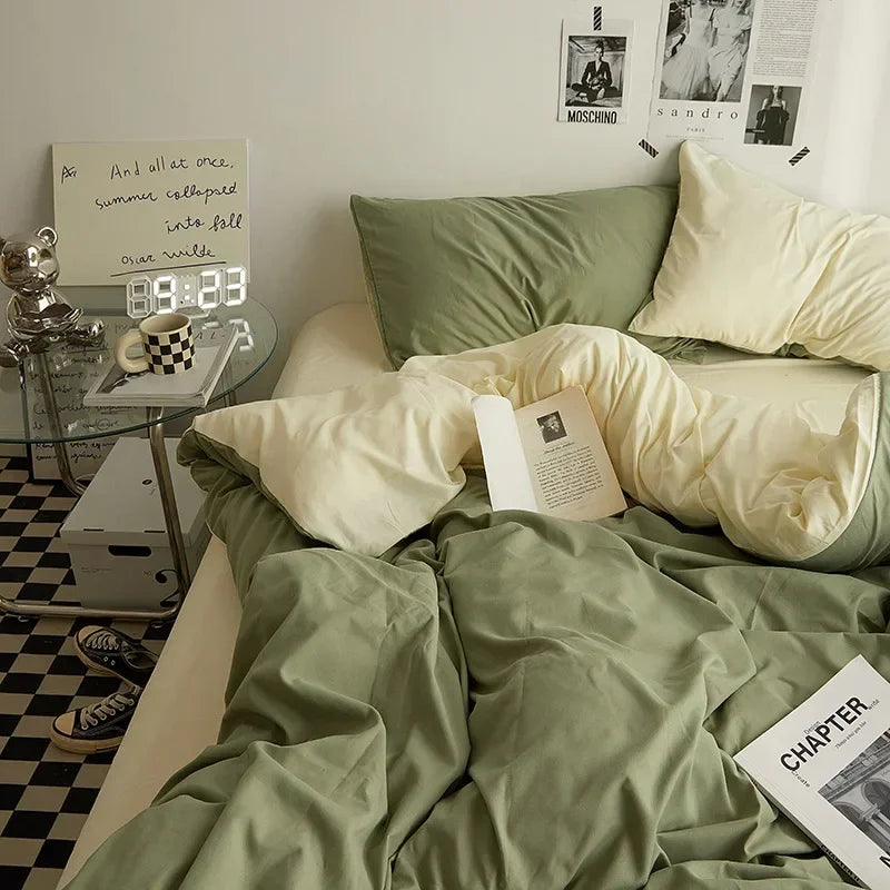 Solid Color Double Washed Cotton Bedding 4 Pieces Set Student Dormitory Bed Linen Duvet Set Bed Suit