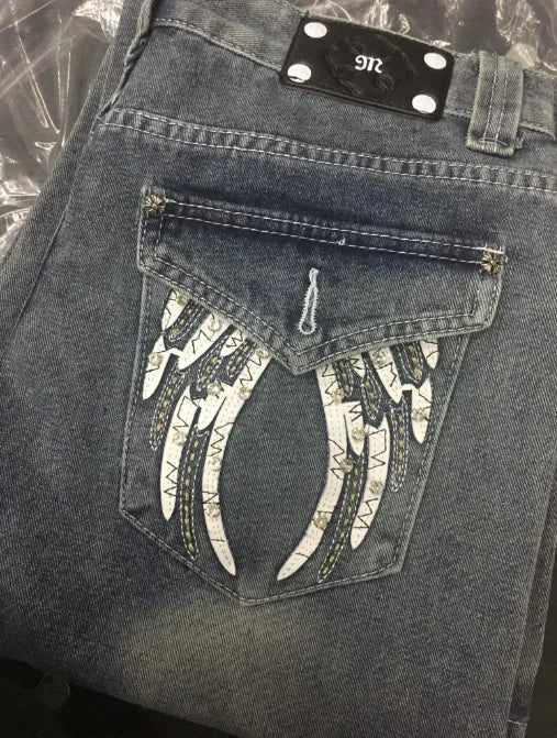Y2K American Embroidery Diamond Retro Punk Low Waist Casual Jeans Blue Jeans Wings Pattern High Street Slim Leg Pants