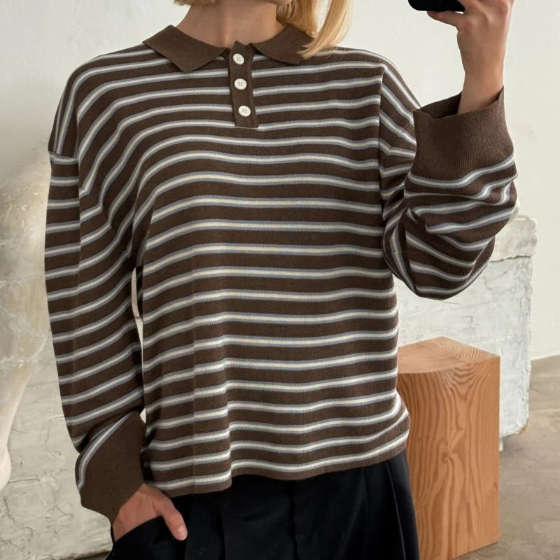 y2k Vintage Rib Knitted Striped Collared Sweater Loose Long Sleeve Pullover Knit Tops Casual Sweatirt Clothes