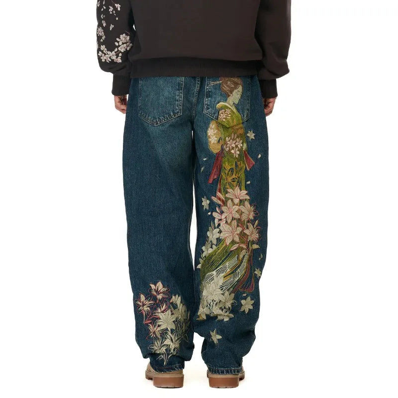 Harajuku Flower Embroidery Baggy washed jeans Y2K Vintage 2000s streetwear American Gothic Pants wide leg pants