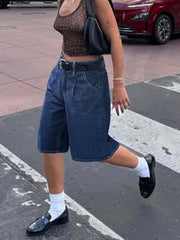 jean shorts, street style, fitted design, denim fabric, mid-rise waist, comfortable