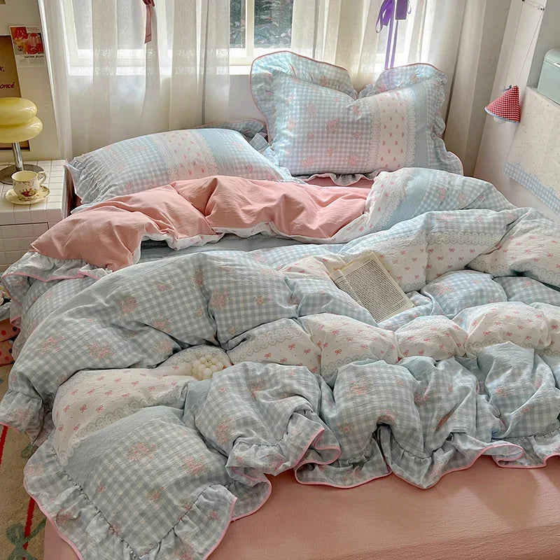 Ruffles Bedding Set Floral Style Duvet Cover Pillowcase with Bedsheet Skin-friendly Bed Linen Set Girls Room Bedclothes