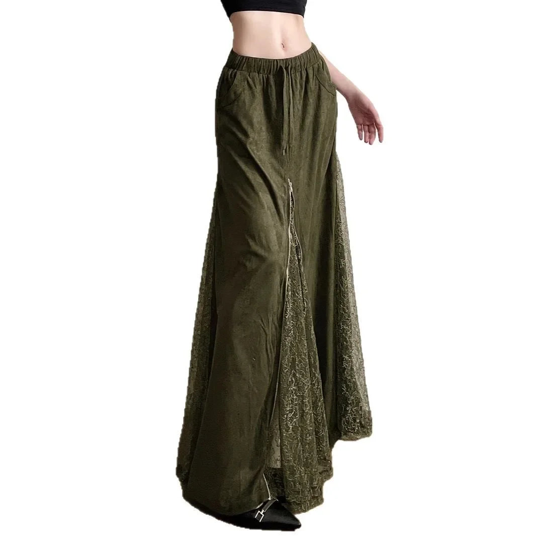 Low Waist A- Line Skirt Vintage Green Lace Patchwork Floor Length Heavy Zipper Half Body Skirt Romantic Green Wilderness Fairy T