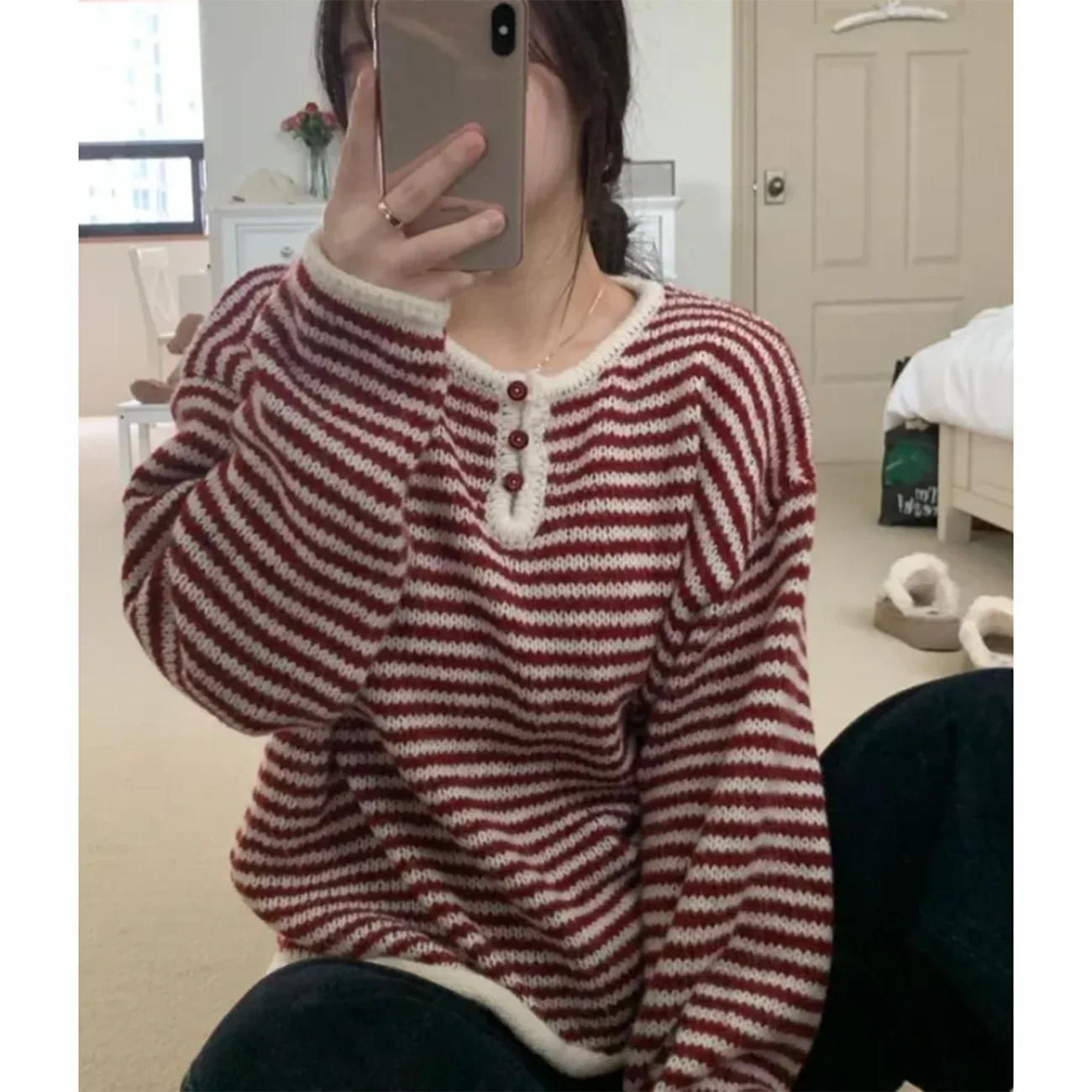 RR Korean Casual Sweaters Loose Striped Sweater Elegant Pullover O Neck Sweaters Ladies