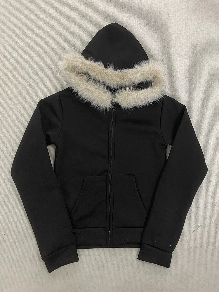 Y2K Harajuku Gothic Hoodie Slim Chic Suede Fur Collar Letter Print Cardigan Sweatshirt Streetwear