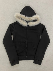 Y2K Harajuku Gothic Hoodie Slim Chic Suede Fur Collar Letter Print Cardigan Sweatshirt Streetwear