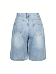 Denim Jorts Vintage Cat Whisker Washed Loose Slant Pockets Daily Wear Bermuda Knee-length Shorts