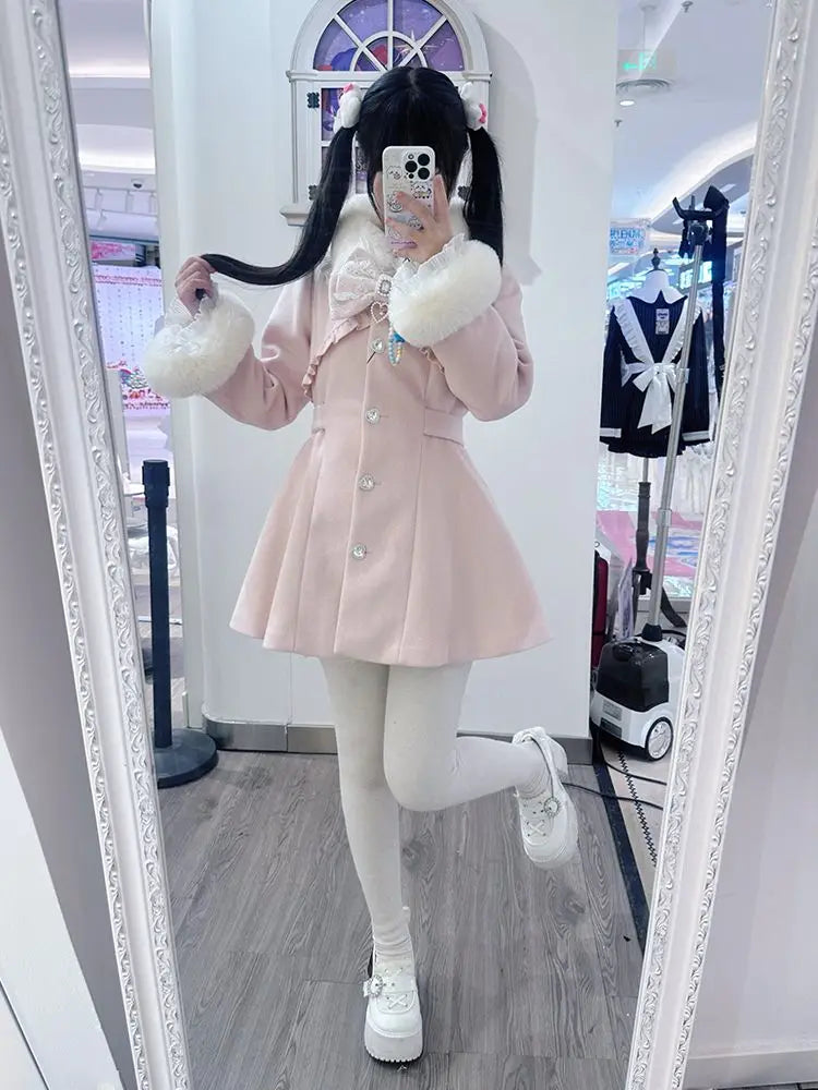 Design Elegant Pink Slim Woolen Cloth Coat Kawaii Sweet Warm Fur Collar Bow Lace Patchwork Casual Overcoat