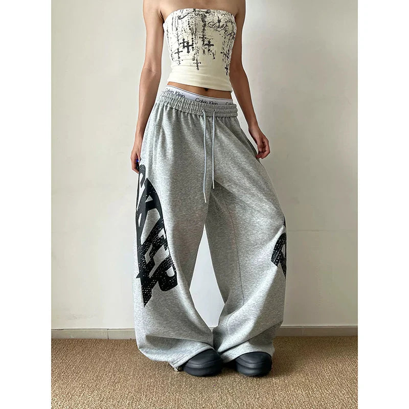 Grey Baggy Wide Leg Sweatpants American Letter Print Pants Harajuku Japanese Vintage Y2k Casual Trouse