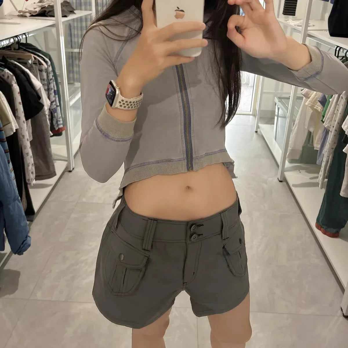 Hip Hop Pocket Y2K Harajuku Cargo Shorts American Retro Gray Streetwear 2000s Aesthetics Vintage Short Pants