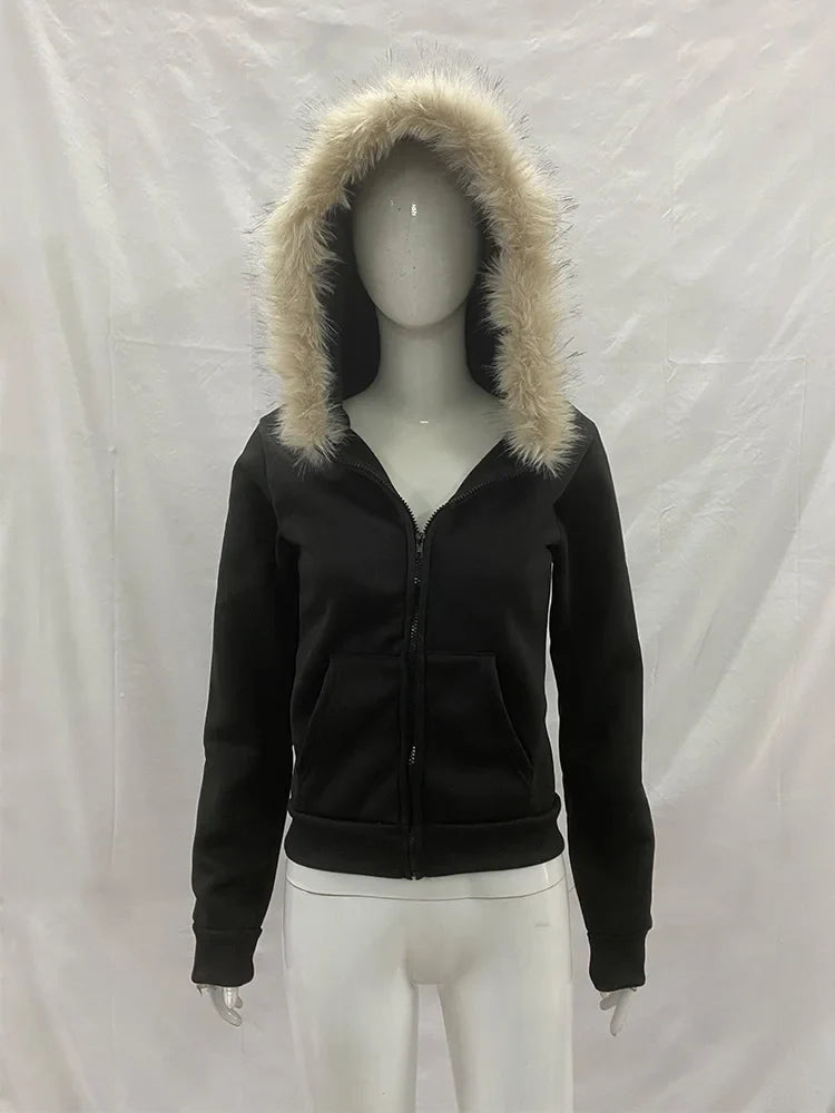 Y2K Harajuku Gothic Hoodie Slim Chic Suede Fur Collar Letter Print Cardigan Sweatshirt Streetwear