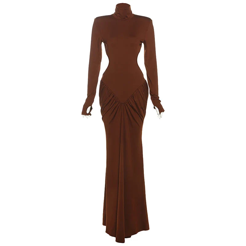 Weird Puss Backless Maxi Dress Shoulder Pads Long Sleeve Waistless Peach Buttocks Ruched Elegant Banquet Skinny Vestidos