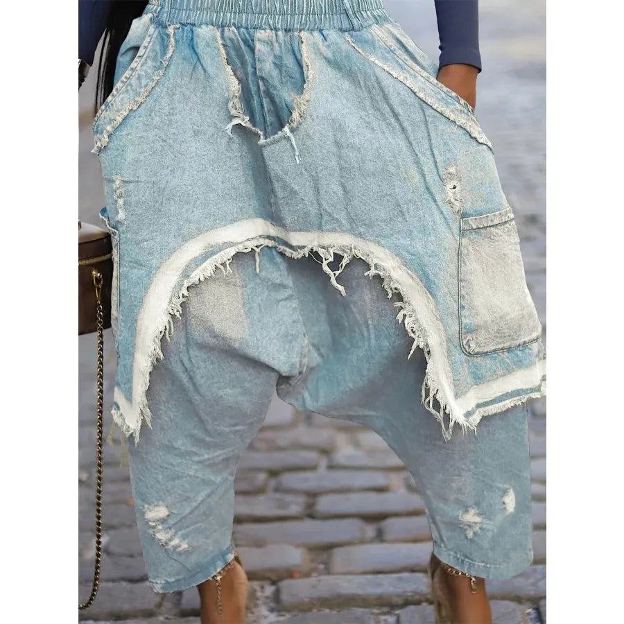 Jeans Harem Pants Hip Hop Punk Denim Pant Hole Elastic Waist Washed Distressed Pockets Streetwear Ripped Trousers