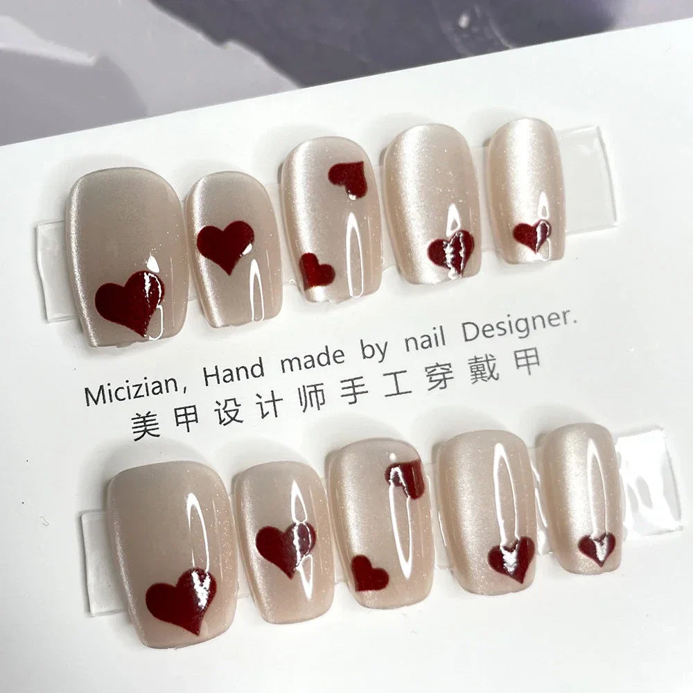 10Pcs Wearable Cat Eyes Series Short Square Press On Nails Kawaii Cartoon Cat Rabbit Rhinestone Gradients Full Cover False Nails