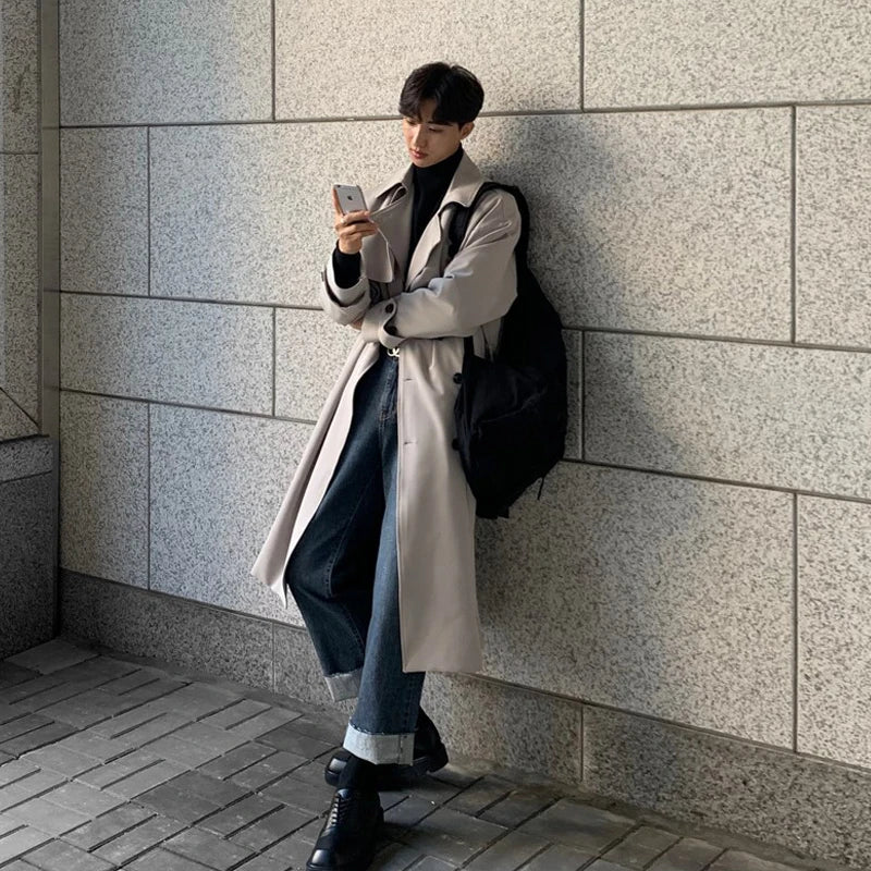 Trench coat Brand Trench Korean Overcoat Male Long Windbreaker Streetwear Coat Outer Wear Clothing