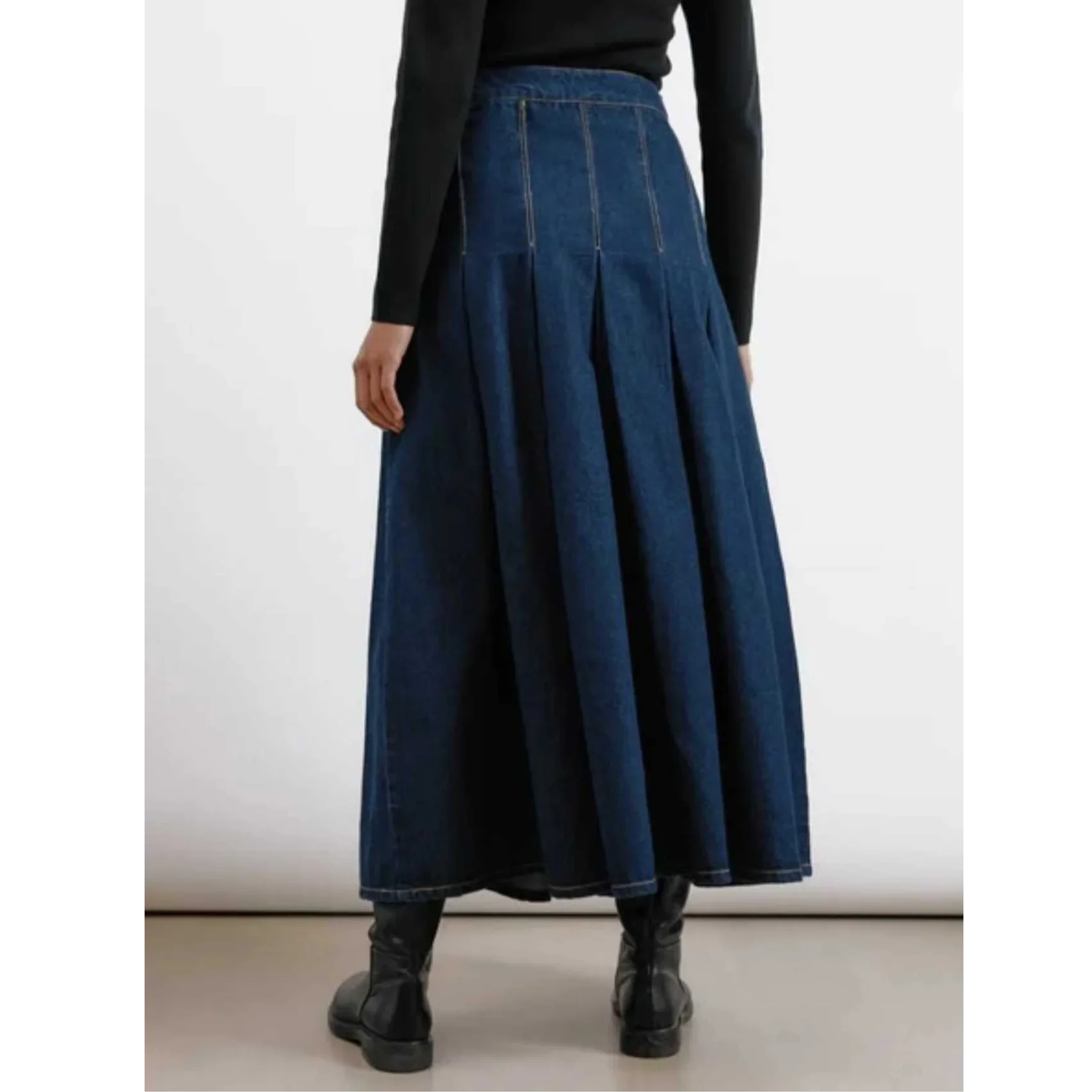 plus Size Pleated High Waist Denim Skirt Elegant Washed Denim Zipper Closure Skirt