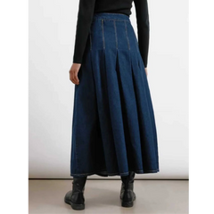 plus Size Pleated High Waist Denim Skirt Elegant Washed Denim Zipper Closure Skirt