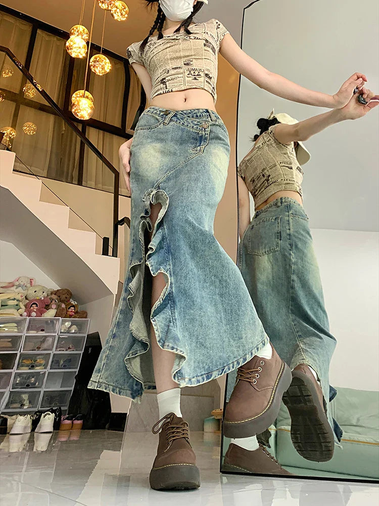 Mermaid Skirt Clothes Blue Skirt Harajuku Korean Girl Casual Chic Vintage A-Line Denim Skirt Split Hem Coquette