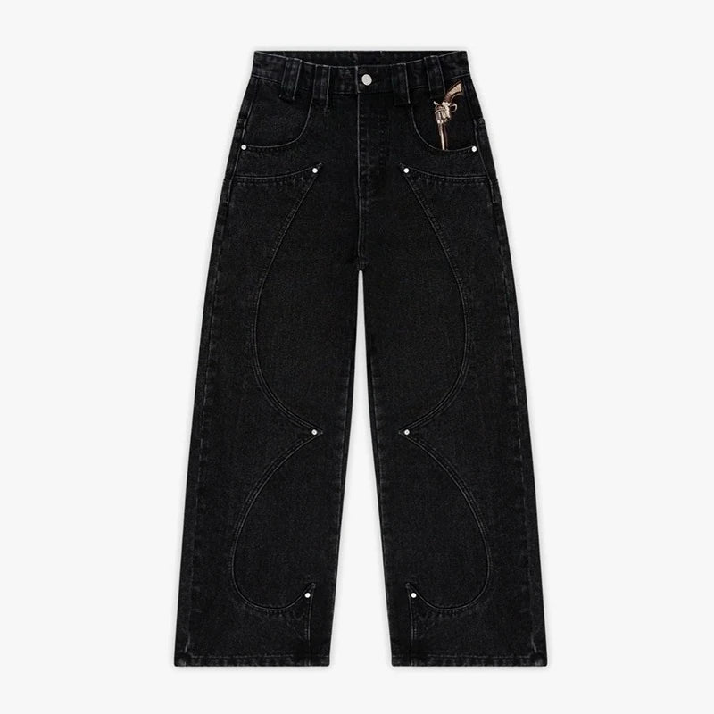 Western Pistol Pendant Pocket Embroidery Loose Wide Leg Jeans Y2K Trend Comfortable Streetwear
