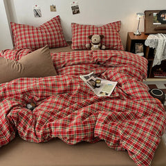Vintage Double Sided Red Plaid Bedding Set Skin-Friendly Soft Duvet Cover Set with Bed Sheet