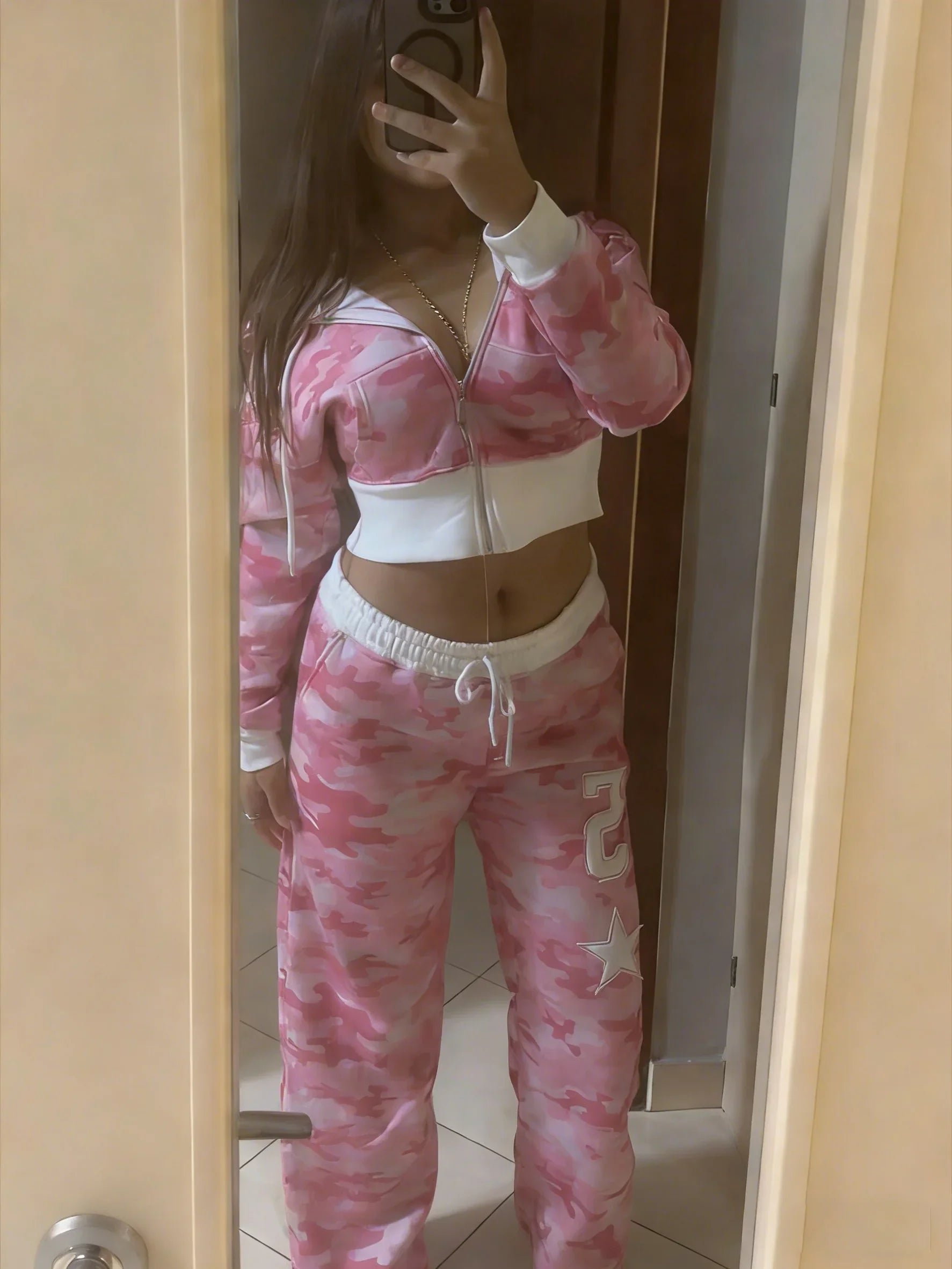 Pink Camouflage Set Y2K Streetwear Sportswear Gym Workout American Hip Hop Hoodie Two Piece Set Tracksuit