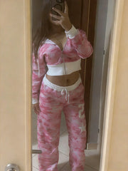 Pink Camouflage Set Y2K Streetwear Sportswear Gym Workout American Hip Hop Hoodie Two Piece Set Tracksuit