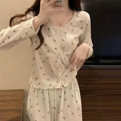 Floral Long Sleeve Fitting Sleepwear Two-piece Set Lace Trim Cotton Pajama Cute Casual Outable Home Suit Set