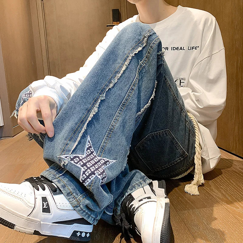 Jeans Patchwork Straight-leg jeans Personalized five-pointed star design Stretch waistband street jeans